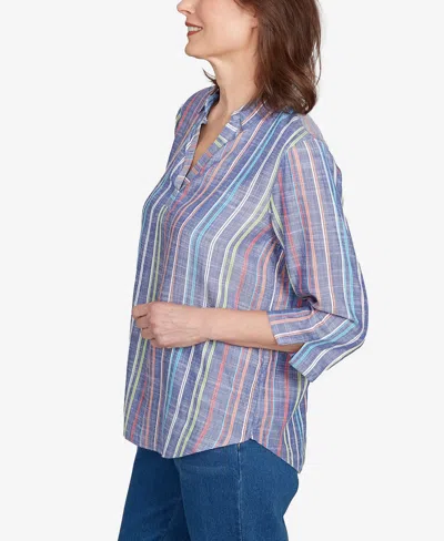 Alfred Dunner Petite El Paso Textured Multi Stripe Collared Top In Blue