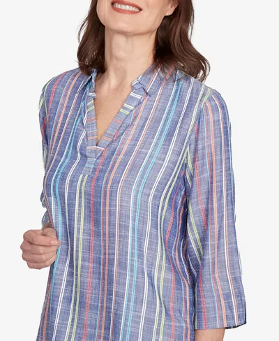 Alfred Dunner Petite El Paso Textured Multi Stripe Collared Top In Blue