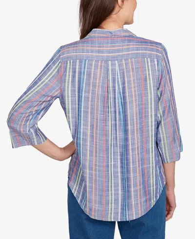 Alfred Dunner Petite El Paso Textured Multi Stripe Collared Top In Blue