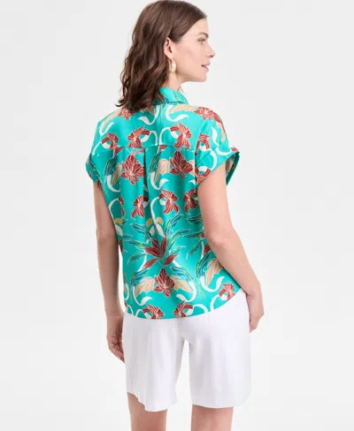 Inc International Concepts Women's Printed Button-down Camp Shirt, Exclusively At Macy's In Green