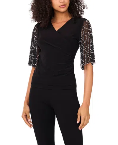 Msk Petite Short-sleeve V-neck Top In Black
