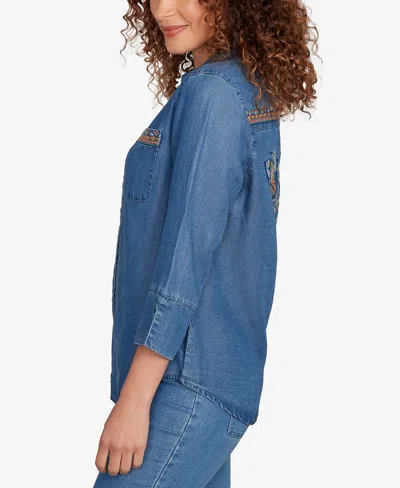 Alfred Dunner Petite El Paso Embroidered Butterfly Button Front Top In Blue