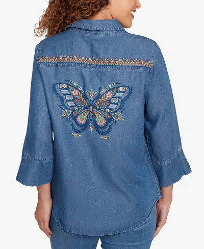Alfred Dunner Petite El Paso Embroidered Butterfly Button Front Top In Blue