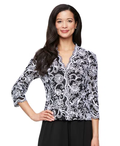 Alex Evenings Embroidered Illusion Sleeve Blouse In Black