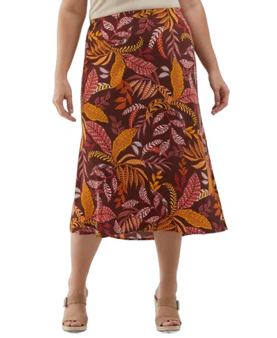 Ella Rafaella Plus Size Leaf Print Shine Midi Bias Skirt In Brown