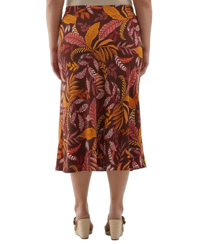 Ella Rafaella Plus Size Leaf Print Shine Midi Bias Skirt In Brown