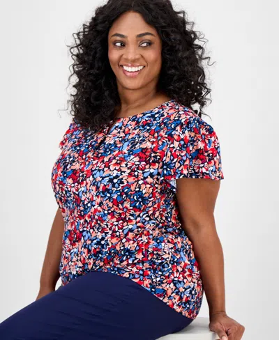 Jones New York Floral Flutter Sleeve Top In Blue