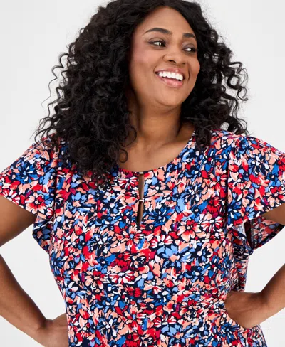 Jones New York Floral Flutter Sleeve Top In Blue