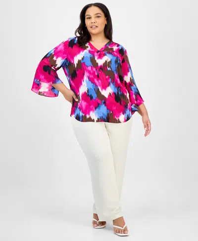 Jones New York Plus Size Printed Flutter-sleeve Blouse In Pink