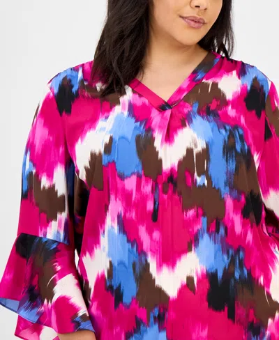 Jones New York Plus Size Printed Flutter-sleeve Blouse In Pink