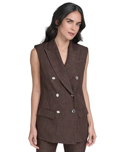 Calvin Klein Womens Double Breasted Peak Lapel Sleeveless Jacket Novelty High Rise Skinny Ankle Pants In Brown