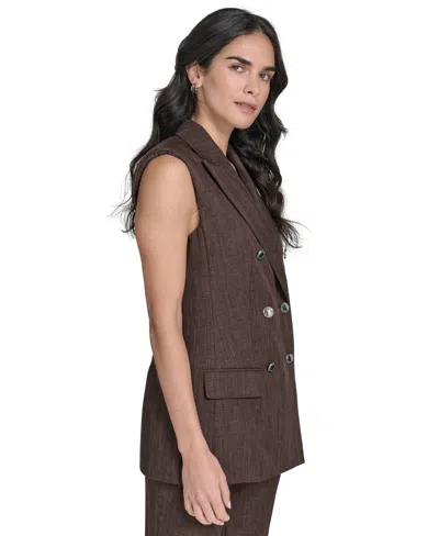 Calvin Klein Womens Double Breasted Peak Lapel Sleeveless Jacket Novelty High Rise Skinny Ankle Pants In Brown
