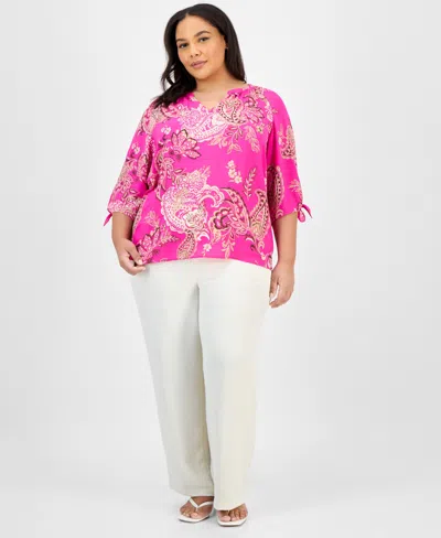 Jones New York Plus Size Paisley-print Tie-sleeve Blouse In Pink