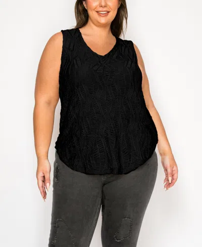 Coin 1804 Plus Size Spiral Wave Texture Double V-neck Curved Hem Tank Top In Black