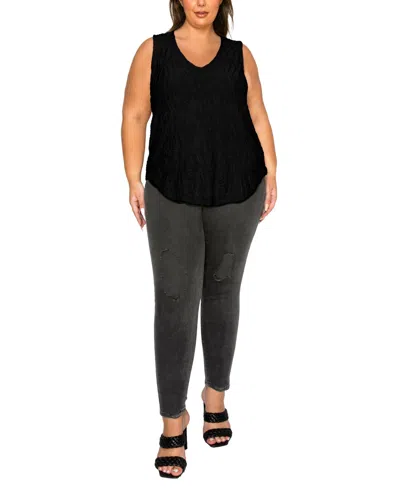 Coin 1804 Plus Size Spiral Wave Texture Double V-neck Curved Hem Tank Top In Black
