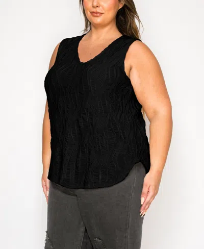 Coin 1804 Plus Size Spiral Wave Texture Double V-neck Curved Hem Tank Top In Black