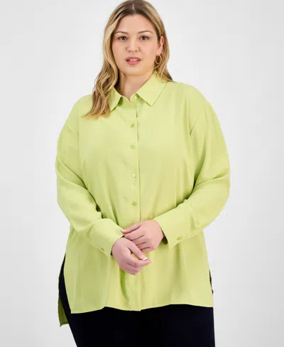 Inc International Concepts Plus Size Collared Split-side Shirt, Exclusively At Macy's In Green