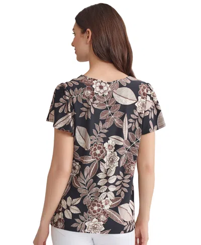 Jones New York Petite Printed Keyhole Flutter-sleeve Top In Brown