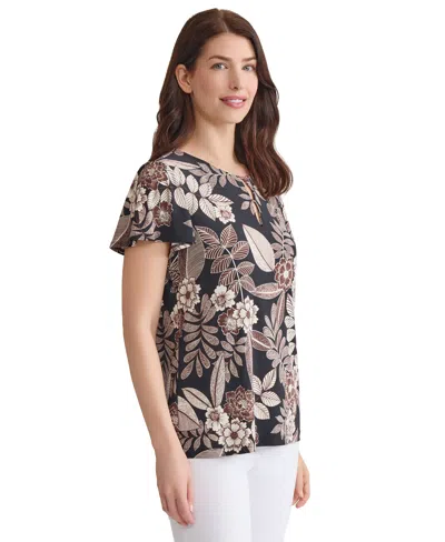 Jones New York Petite Printed Keyhole Flutter-sleeve Top In Brown