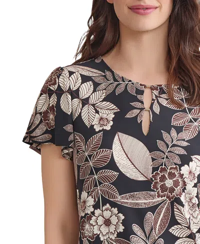 Jones New York Petite Printed Keyhole Flutter-sleeve Top In Brown