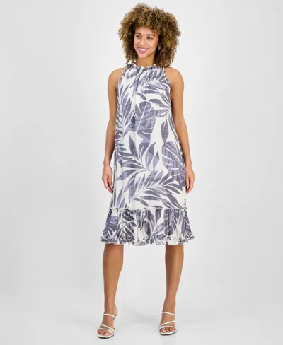 Robbie Bee Petite Printed Sleeveless Ruffle-trim A-line Dress In White