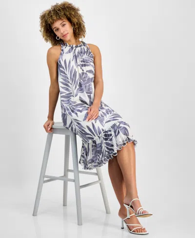 Robbie Bee Petite Printed Sleeveless Ruffle-trim A-line Dress In White