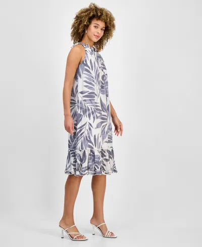 Robbie Bee Petite Printed Sleeveless Ruffle-trim A-line Dress In White