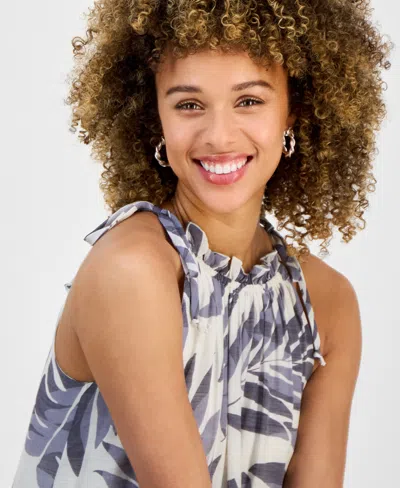 Robbie Bee Petite Printed Sleeveless Ruffle-trim A-line Dress In White