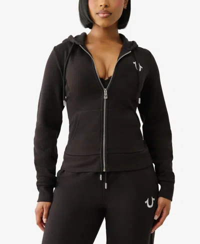 True Religion Velour Crystal Shrunken Zip Hoodie In Black
