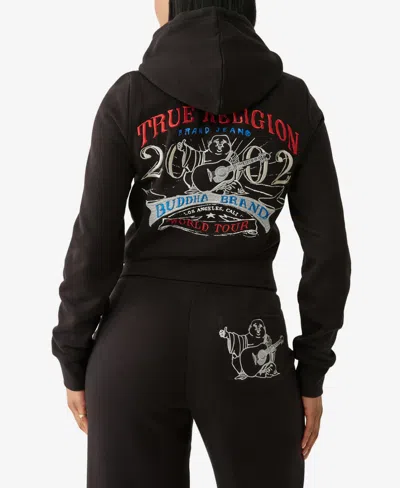 True Religion Velour Crystal Shrunken Zip Hoodie In Black