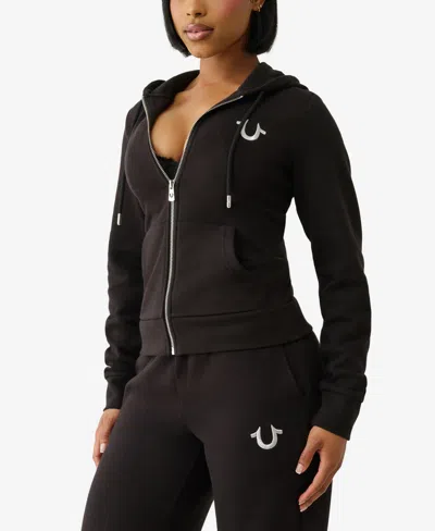 True Religion Velour Crystal Shrunken Zip Hoodie In Black