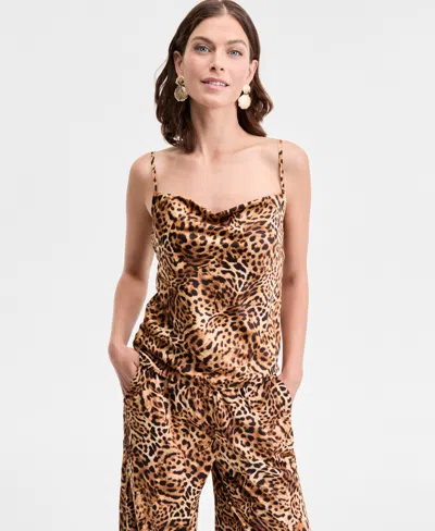 Inc International Concepts Women's Animal-print Cowlneck Camisole Top, Exclusively At Macy's In Brown