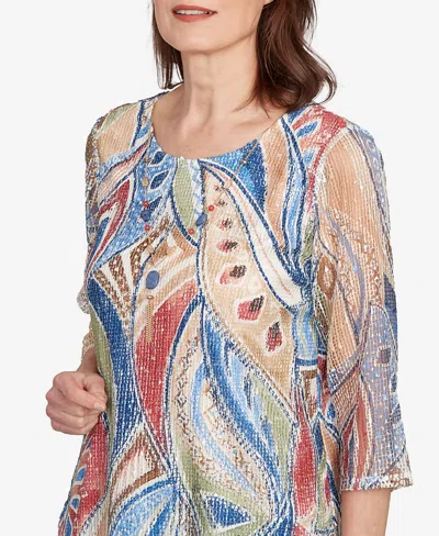 Alfred Dunner Petite El Paso Printed Leaf Textured Top With Necklace In Multi