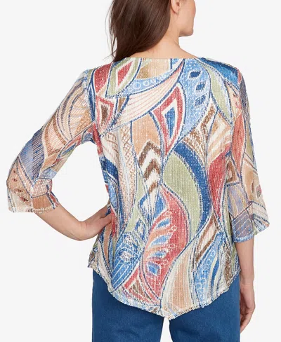 Alfred Dunner Petite El Paso Printed Leaf Textured Top With Necklace In Multi