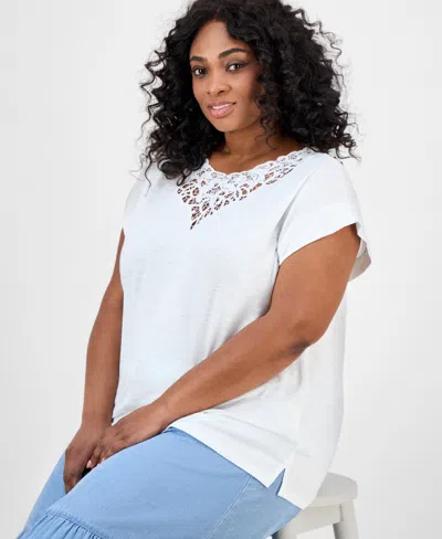 Jones New York Plus Size Lace-trim Dolman-sleeve Top In White