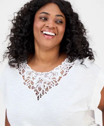 Jones New York Plus Size Lace-trim Dolman-sleeve Top In White