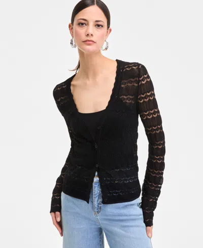 Inc International Concepts Women's Pointelle Cardigan Sweater, Exclusively At Macy's In Black