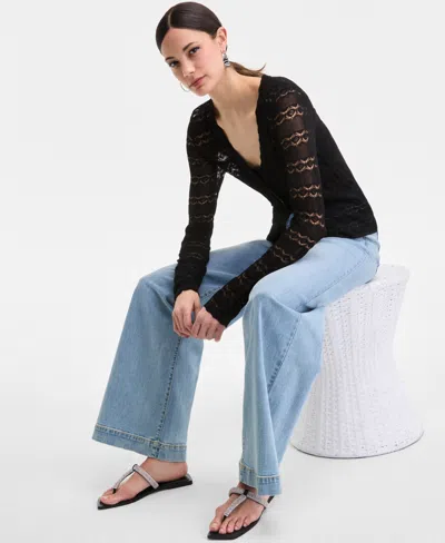 Inc International Concepts Women's Pointelle Cardigan Sweater, Exclusively At Macy's In Black