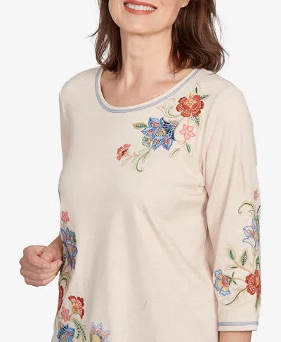 Alfred Dunner Petite El Paso Asymmetrical Floral Embroidered Top In White