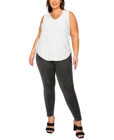 Coin 1804 Plus Size Spiral Wave Texture Double V-neck Curved Hem Tank Top In White