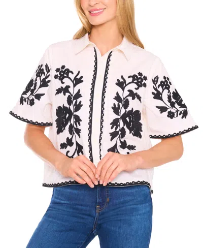 Cece Embroidered Relaxed Fit Cotton Button-up Shirt In White