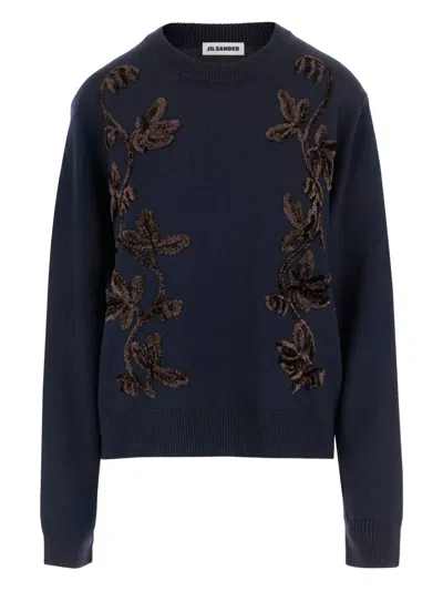 Jil Sander Wool Sweater With Floral Pattern In Blue