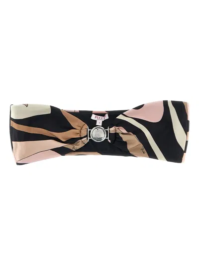 Pucci Bandeau Swim Top With Abstract Pattern And Metal Ring Detail In Black