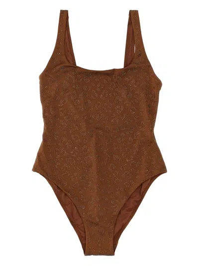 Mc2 Saint Barth Lora Rhinestone-leopard Swimsuit In Brown