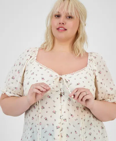 Planet Heart Trendy Plus Puff-sleeve Woven Top In White