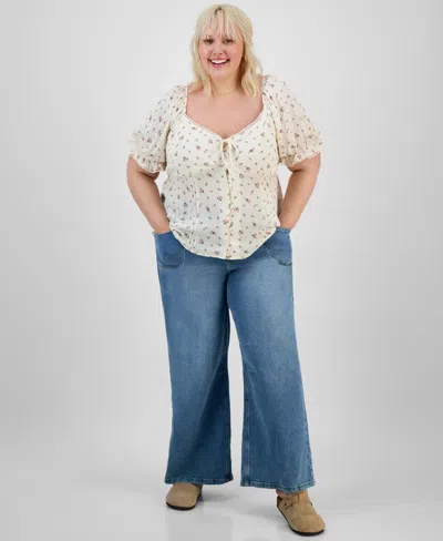 Planet Heart Trendy Plus Puff-sleeve Woven Top In White