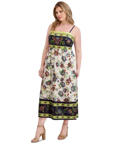 Siena Plus Size Square-neck Border-print Maxi Dress In White
