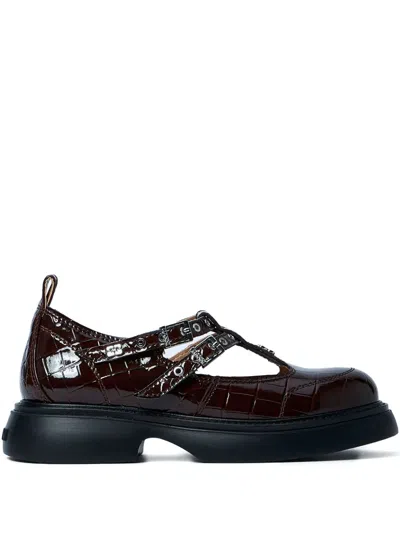 Ganni Butterfly Crocodile-effect Buckle Loafers In Brown