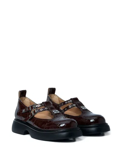 Ganni Butterfly Crocodile-effect Buckle Loafers In Brown