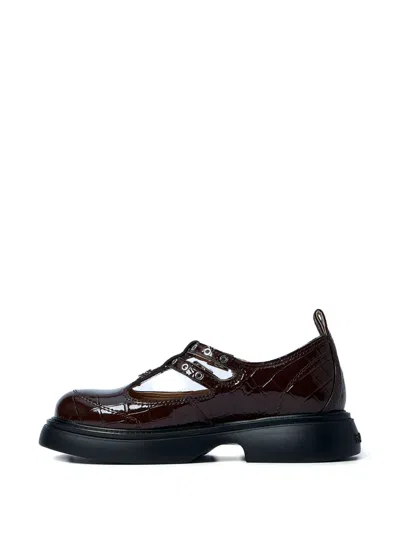 Ganni Butterfly Crocodile-effect Buckle Loafers In Brown